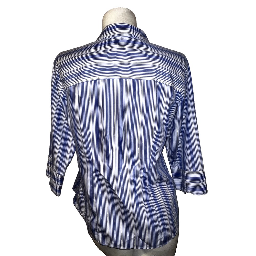 Chicos No Iron Striped Button Down Shirt Blue White Metallic Silver Women Size 1 - Picture 5 of 8